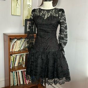 Vintage Black Sequin & Lace Cocktail Dress 4